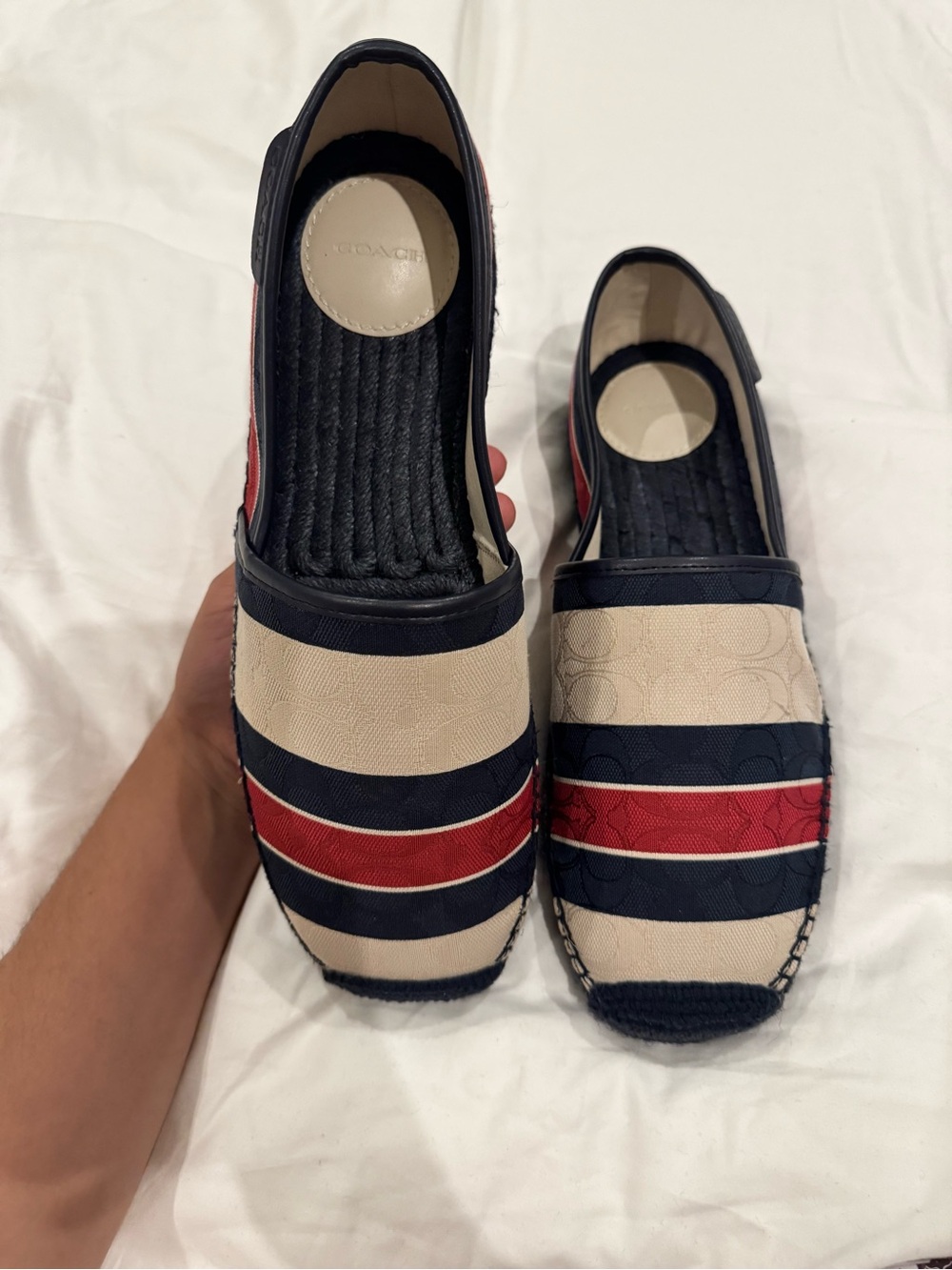 Coach Men’s Espadrilles Size 9.5 Signature C Striped Navy Red Beige New